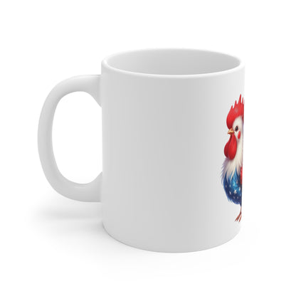 Patriotic Rooster Coffee Mug – Red White Blue Americana Chicken Mug – USA Flag Feather Farmhouse Cup – Bold Freedom Gift Mug 11oz