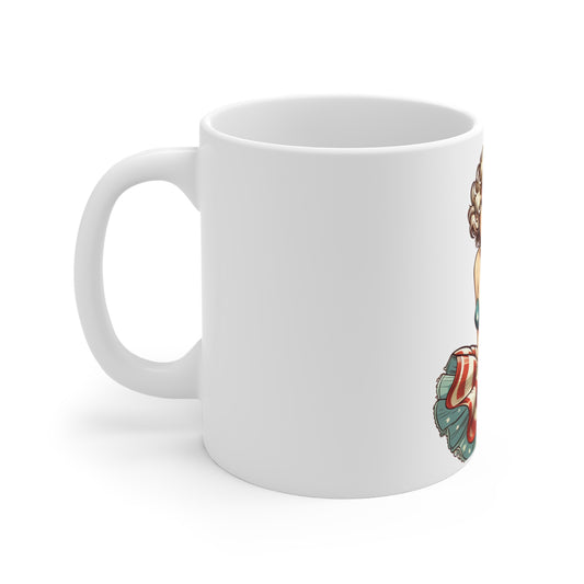 Patriotic Pin-Up Classic Mug – Vintage Americana Woman Coffee Mug – Retro USA Flag Dress Cup – Timeless American Beauty Mug – Fourth of July Gift Patriotic Pin-Up 11oz Coffee Mug