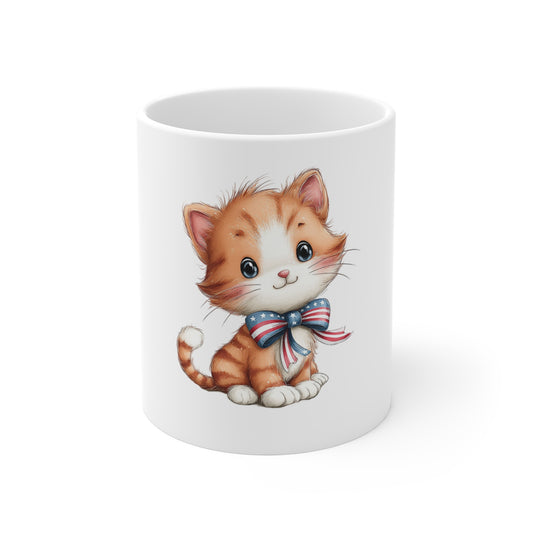 Patriotic Kitten Bow Tie Coffee Mug – Cute Americana Cat Mug – Red White Blue Ribbon Cat Cup – Adorable 4th of July Gift Mug Cute Kitten Mug 11oz – Adorable Striped Cat with Patriotic Bow Coffee Cup...