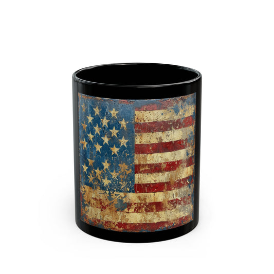 Rustic American Flag Coffee Mug — Distressed USA 11oz/15oz Black Ceramic