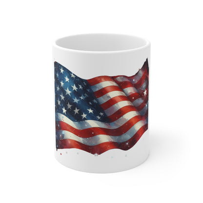 Waving American Flag Coffee Mug – Watercolor USA Flag Mug – Patriotic Stars and Stripes Cup – Artistic Red White Blue Mug Mug 11oz