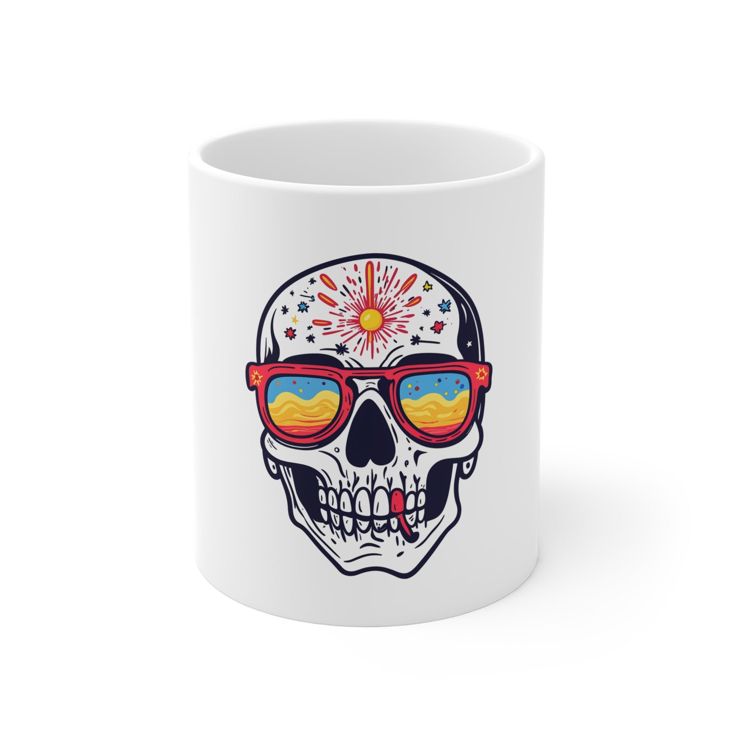 Day of the Dead Skull Mug with Sunglasses — Colorful Sugar Skull Coffee Cup (11oz)