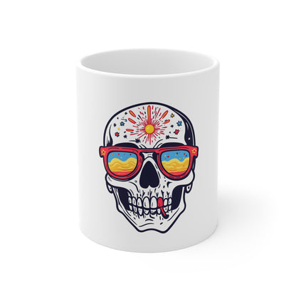 Day of the Dead Skull Mug with Sunglasses — Colorful Sugar Skull Coffee Cup (11oz)