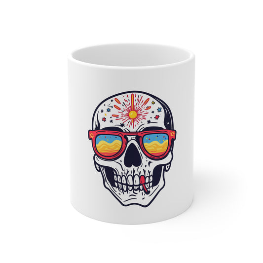 Day of the Dead Skull Mug with Sunglasses — Colorful Sugar Skull Coffee Cup (11oz)