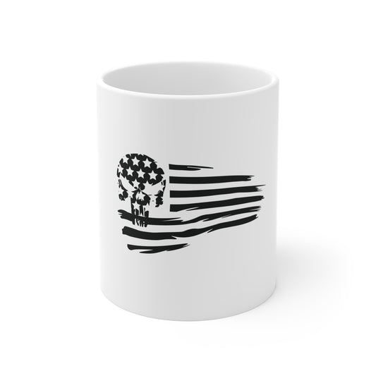 Black Punisher Skull American Flag Coffee Mug – Distressed USA Skull Flag Mug – Tactical Style Patriotic Cup – Rugged Americana Gift Mug 11oz