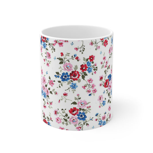 Vintage Americana Floral Coffee Mug – Red White Blue Garden Pattern Mug – Soft Patriotic Cottage Mug – Shabby Chic Floral Cup Floral Vintage Rose 11oz Ceramic Mug — Pink & Blue Cottagecore Tea Cup...