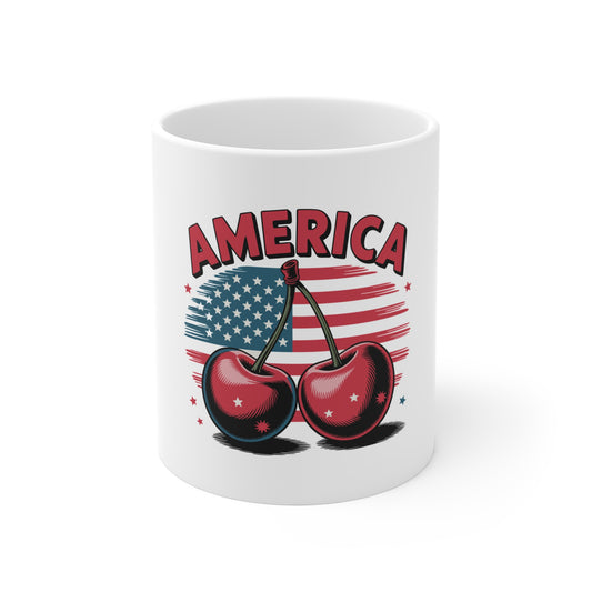 America Cherry Mug – Patriotic 11oz Coffee Cup with USA Flag Design