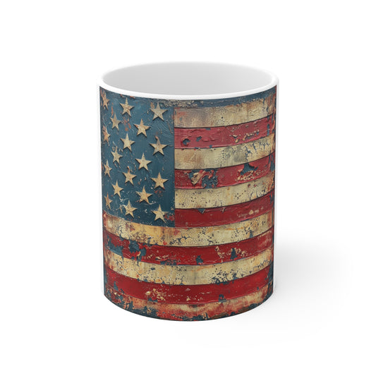 Vintage American Flag Mug — Distressed USA Patriotic 11oz Coffee Cup