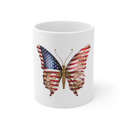 Floral American Flag Butterfly Coffee Mug – Patriotic Butterfly Mug with Blossoms – Elegant Red White Blue Freedom Wings Cup American Flag Butterfly Mug — Patriotic 11oz Coffee Cup