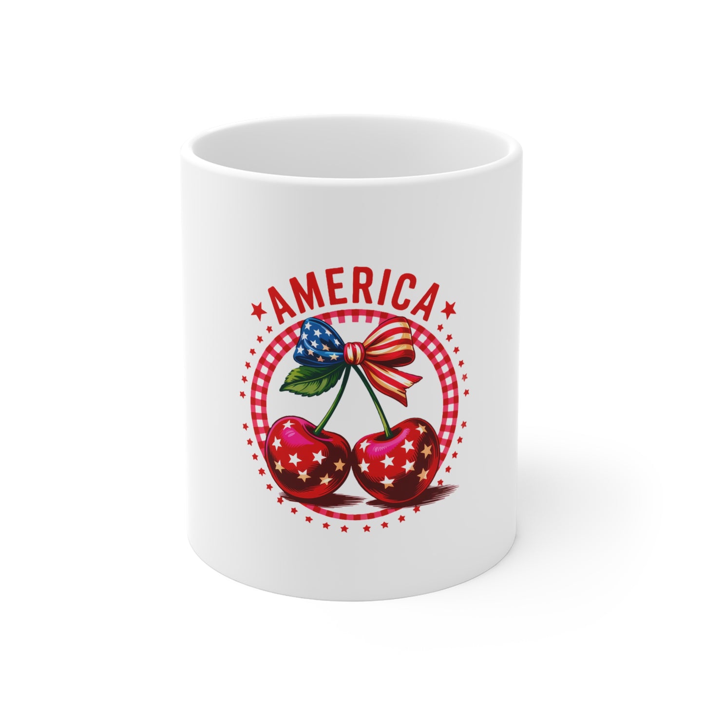 America Cherry 11oz Coffee Mug — Patriotic USA Flag Fruit Design for Fourth of July