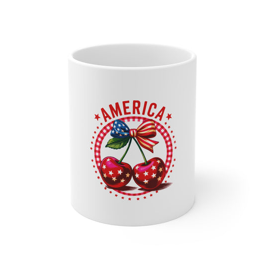 America Cherry 11oz Coffee Mug — Patriotic USA Flag Fruit Design for Fourth of July