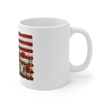 Patriotic Floral Flag Mug — American Flag with Wildflowers 11oz