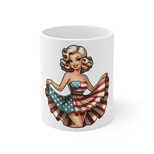 Patriotic Pin-Up Flag Dress Mug – Vintage Americana Woman Coffee Mug – Retro USA Stars and Stripes Cup – Classic American Beauty Mug – Fourth of July Gift Patriotic Pin-Up Girl Mug — 11oz American...