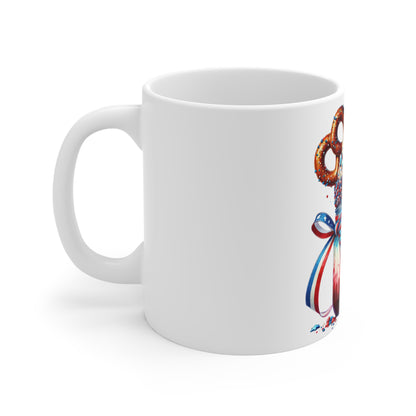 Patriotic Mason Jar Milkshake Coffee Mug – 4th of July Pretzel Dessert Mug – Red White Blue Ribbon Cup – Americana Sweet Treat Mug – Festive Gift Mug Patriotic Milkshake Mason Jar Mug — 11oz Fourth of...