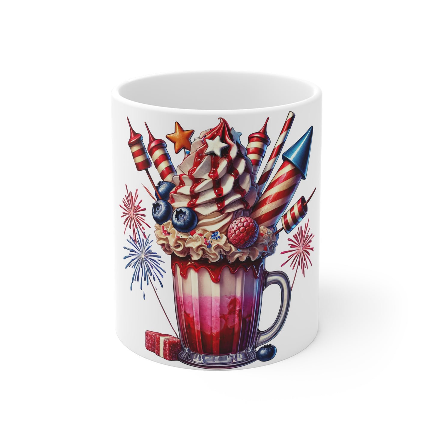 Patriotic Firework Milkshake Coffee Mug – 4th of July Dessert Mug – Red White Blue Sundae Cup – Americana Celebration Mug Patriotic Fireworks Milkshake Mug — 4th of July Americana Coffee Cup