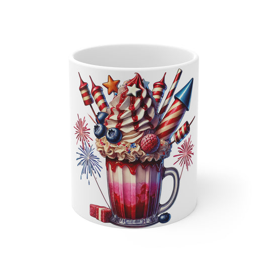 Patriotic Firework Milkshake Coffee Mug – 4th of July Dessert Mug – Red White Blue Sundae Cup – Americana Celebration Mug Patriotic Fireworks Milkshake Mug — 4th of July Americana Coffee Cup