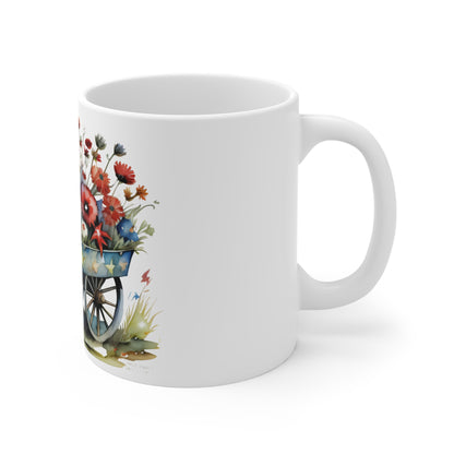 Patriotic Floral Wagon Mug – Americana Watercolor USA Flag Coffee Cup – Rustic Farmhouse Red White Blue Mug 11oz