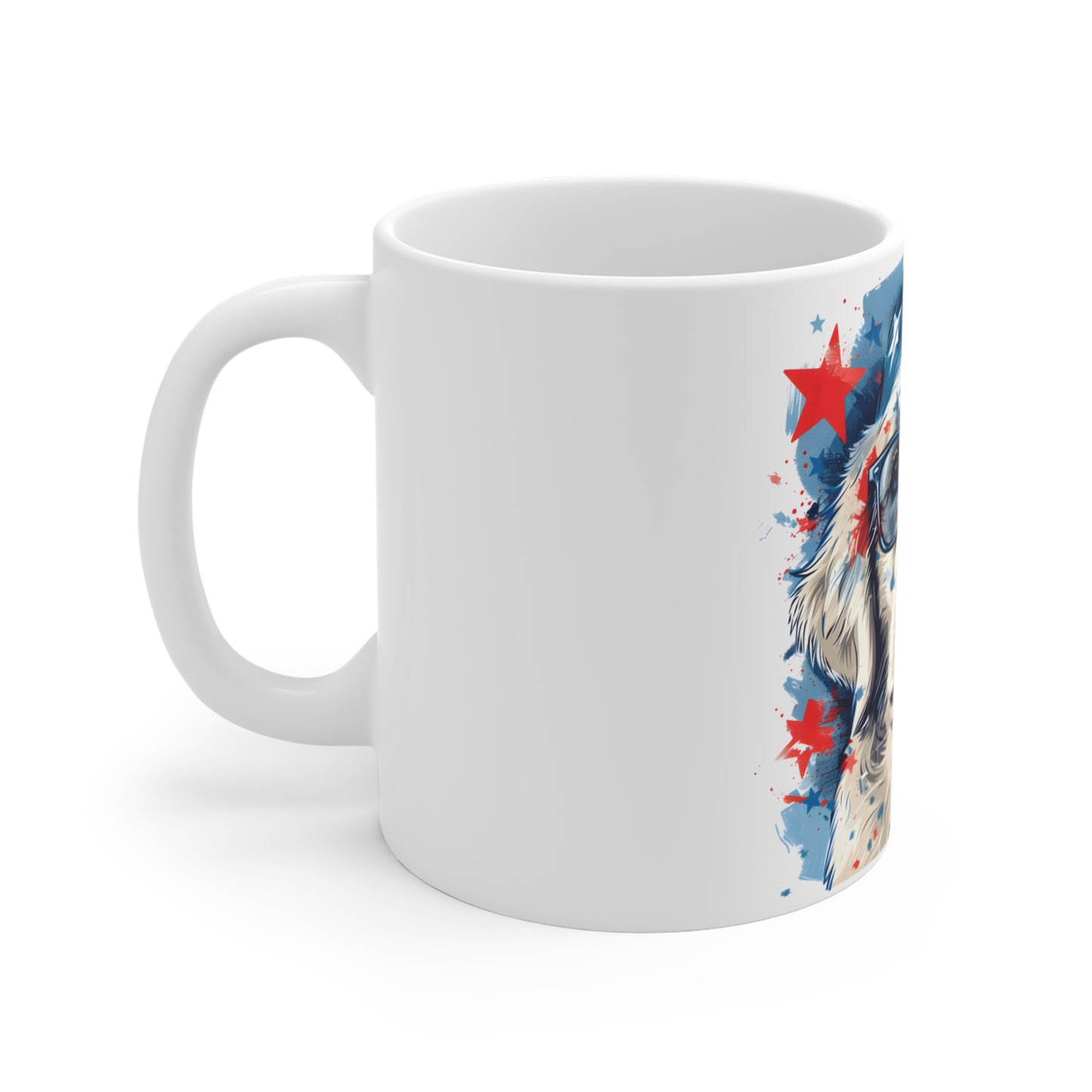 Patriotic Golden Retriever Coffee Mug – USA Dog with Glasses Mug – Americana Puppy Art Cup – Fun 4th of July Gift Mug 11oz