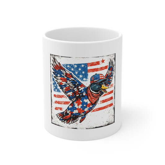 Patriotic Flying Duck Coffee Mug – American Flag Duck Mug – Vintage Distressed USA Bird Art Cup – Freedom Wildlife Gift Mug11oz