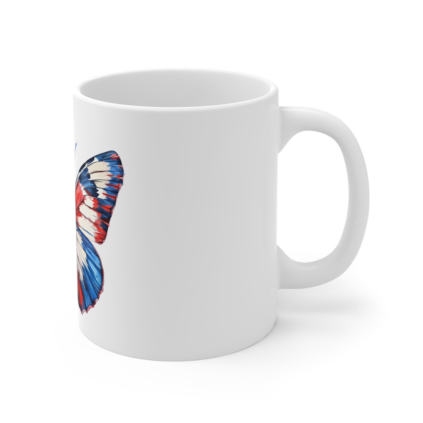 Bold Patriotic Butterfly Mug – Red White Blue Brushstroke Coffee Mug – Modern Americana Art Cup – USA Gift Mug