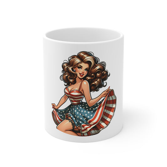 Patriotic Pin-Up Glam Mug – Vintage Americana Woman Coffee Mug – Retro USA Flag Dress Cup – Bold American Beauty Mug – Fourth of July Gift Patriotic Pin-Up Girl Coffee Mug – 11oz Vintage American Flag...
