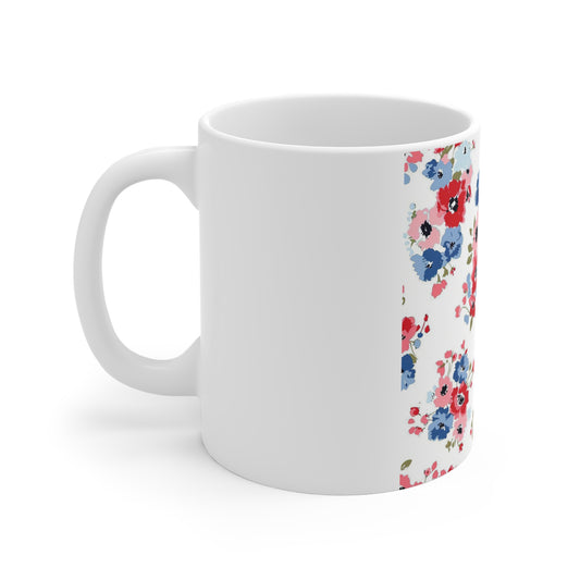 Patriotic Floral Coffee Mug – Red White Blue Flower Mug – Shabby Chic Americana Mug – Soft Vintage Floral USA Cup Floral Vintage 11oz Ceramic Mug – Red & Blue Petite Flower Pattern