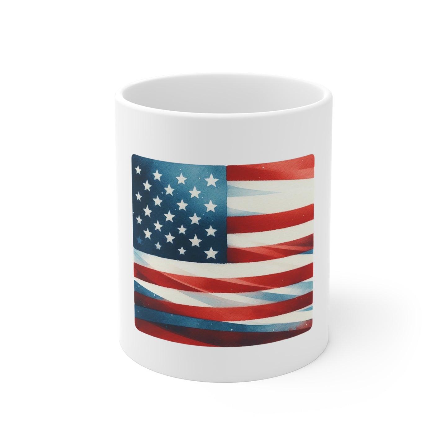 Abstract Watercolor American Flag Coffee Mug – Modern USA Flag Mug – Patriotic Wave Design Cup – Red White Blue Art Mug Mug 11oz