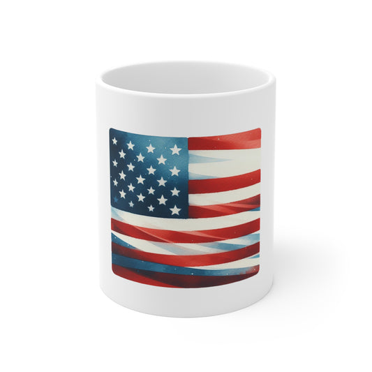 Abstract Watercolor American Flag Coffee Mug – Modern USA Flag Mug – Patriotic Wave Design Cup – Red White Blue Art Mug Mug 11oz