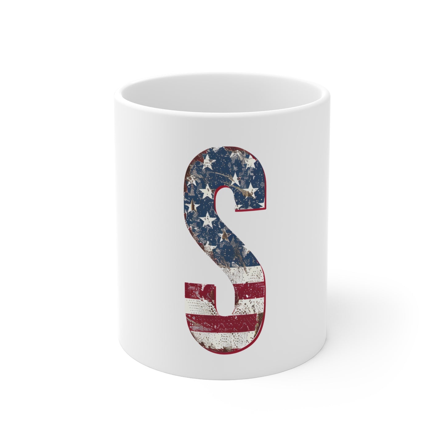 Patriotic Letter S Coffee Mug – American Flag Initial Mug – Vintage USA Monogram Mug – Distressed Americana Alphabet Gift Mug 11oz