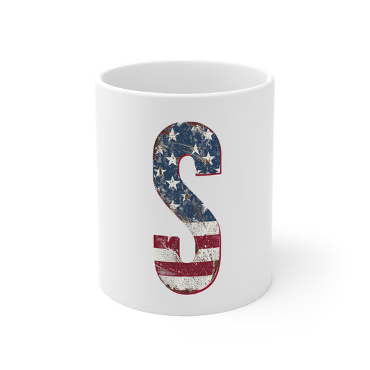 Patriotic Letter S Coffee Mug – American Flag Initial Mug – Vintage USA Monogram Mug – Distressed Americana Alphabet Gift Mug 11oz