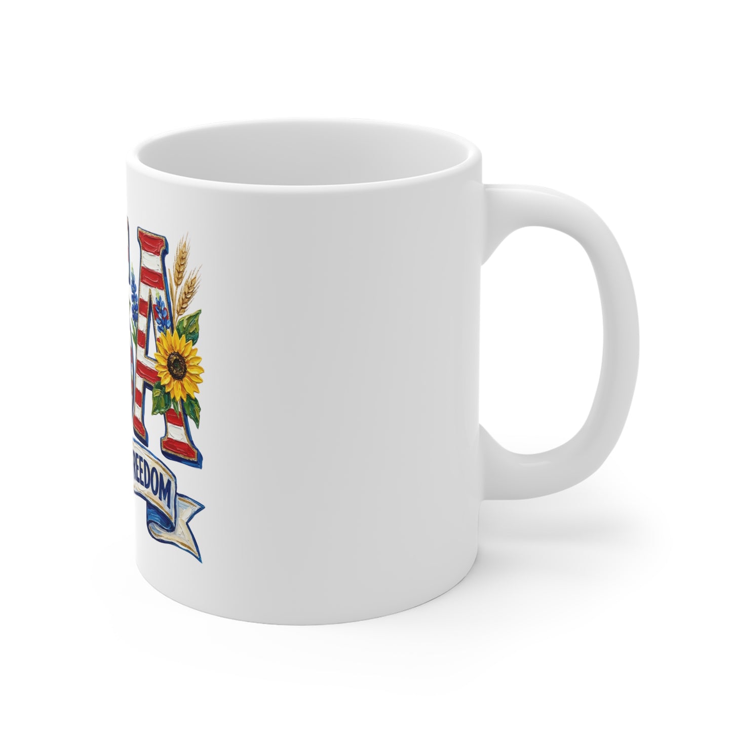 USA 250 Years of Freedom 11oz Coffee Mug — Patriotic Sunflower Flag Design