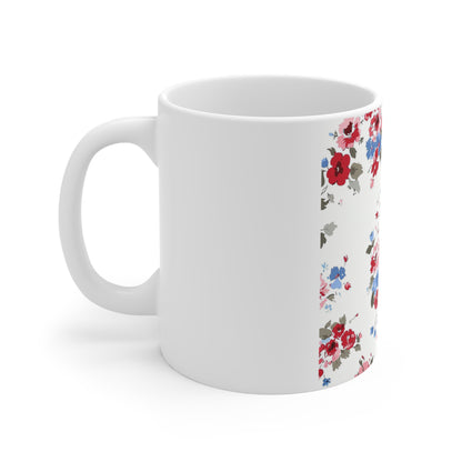 Vintage Patriotic Floral Coffee Mug – Red White Blue Rose Mug – Shabby Chic Americana Cup – Soft Garden Bouquet Mug Floral Vintage Rose 11oz Ceramic Mug