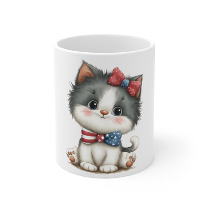 Patriotic Kitten with Bow & Bow Tie Mug – Cute USA Cat Coffee Mug – Americana Girl Cat Mug – 4th of July Cat Lover Gift Cute Patriotic Kitten Mug – 11oz Coffee Cup with American Flag Bow