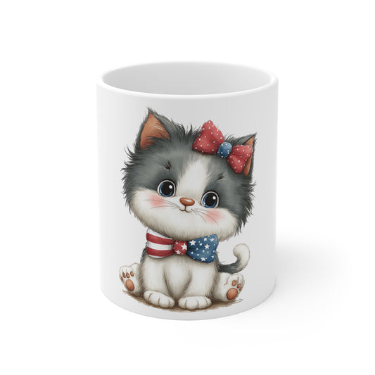 Patriotic Kitten with Bow & Bow Tie Mug – Cute USA Cat Coffee Mug – Americana Girl Cat Mug – 4th of July Cat Lover Gift Cute Patriotic Kitten Mug – 11oz Coffee Cup with American Flag Bow