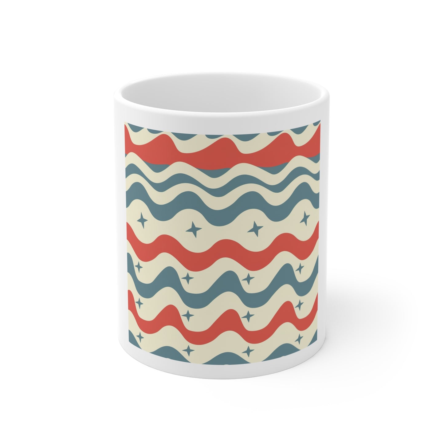 Wavy Americana Pattern Coffee Mug – Patriotic Wave Stripe Mug – Red White Blue Retro Pattern Cup – Vintage USA Ripple Design Mug Retro Wavy Stars Coffee Mug — 11oz Vintage Red & Blue Pattern