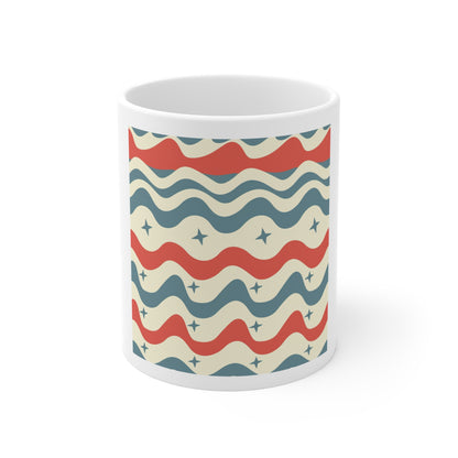 Wavy Americana Pattern Coffee Mug – Patriotic Wave Stripe Mug – Red White Blue Retro Pattern Cup – Vintage USA Ripple Design Mug Retro Wavy Stars Coffee Mug — 11oz Vintage Red & Blue Pattern
