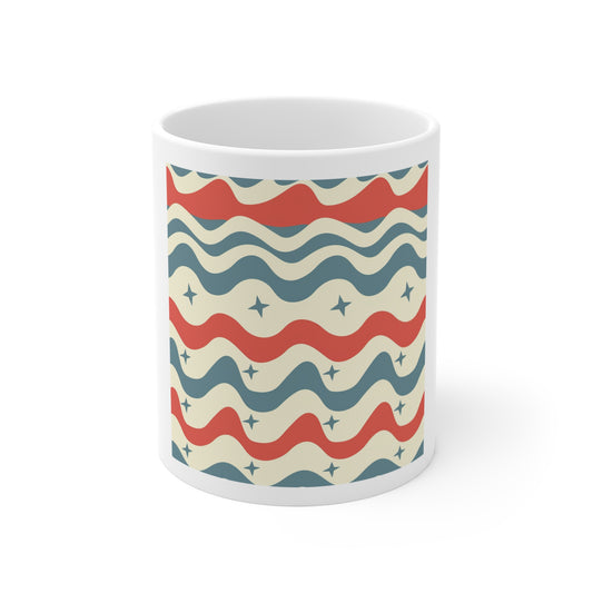 Wavy Americana Pattern Coffee Mug – Patriotic Wave Stripe Mug – Red White Blue Retro Pattern Cup – Vintage USA Ripple Design Mug Retro Wavy Stars Coffee Mug — 11oz Vintage Red & Blue Pattern