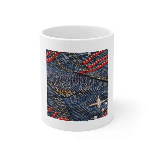 Denim American Flag Coffee Mug – Shallow Focus Patriotic Jeans Design – Artistic Stitch USA Mug – Vintage Americana Style CupAmerican Flag Denim Jeans Pattern Mug - Patriotic 11oz Coffee Cup