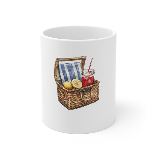 Summer Picnic Basket Ceramic Mug — 11oz Coffee Cup with Lemonade Illustration