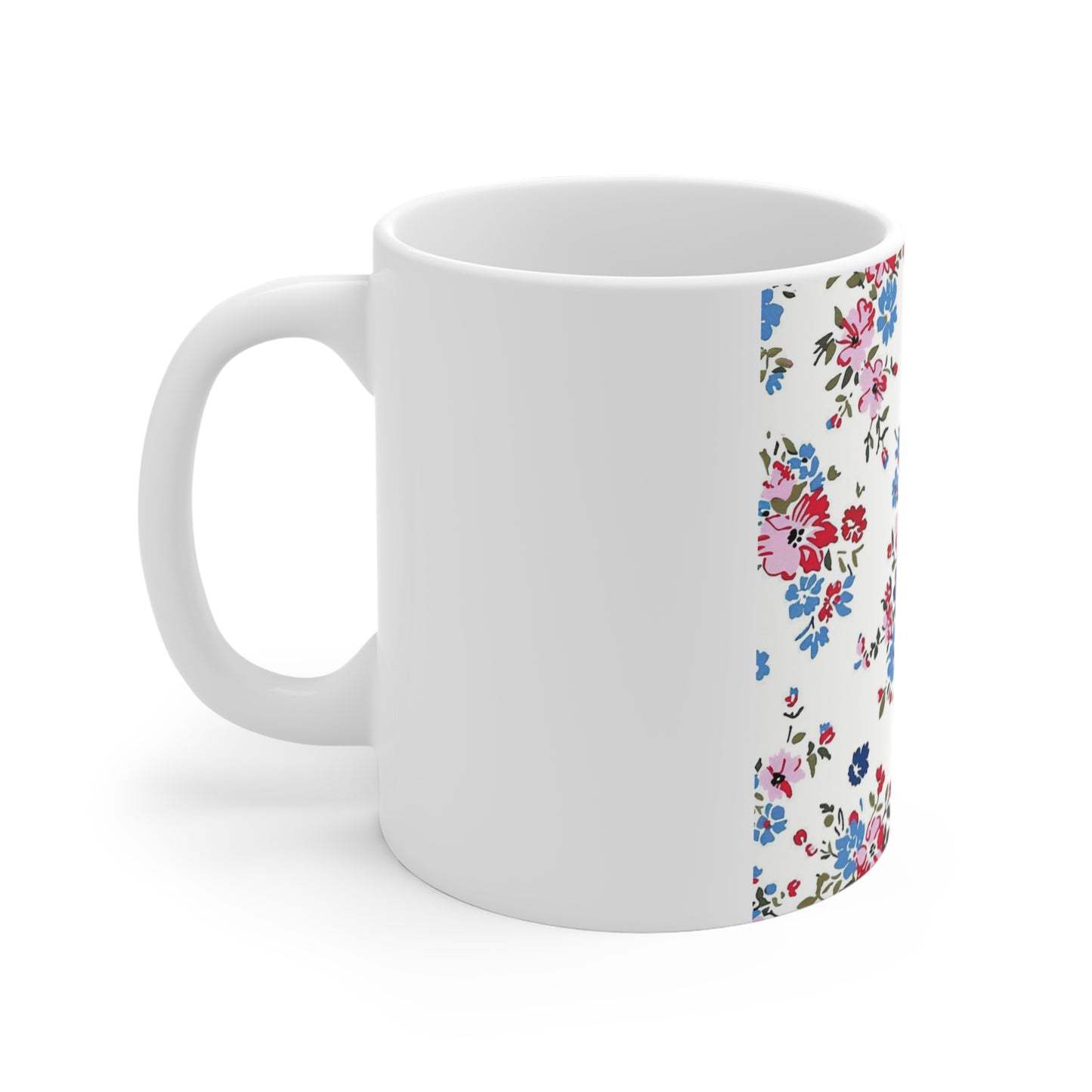 Delicate Patriotic Floral Coffee Mug – Red White Blue Vintage Flower Mug – Cottage Americana Mug – Soft Garden Style USA Cup Floral Vintage Rose 11oz Ceramic Mug — Petite Pink & Blue Bouquet