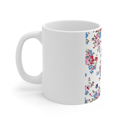 Delicate Patriotic Floral Coffee Mug – Red White Blue Vintage Flower Mug – Cottage Americana Mug – Soft Garden Style USA Cup Floral Vintage Rose 11oz Ceramic Mug — Petite Pink & Blue Bouquet