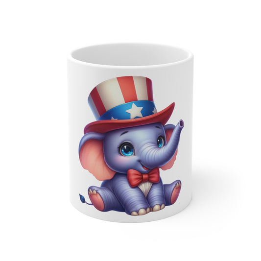 Cute Patriotic Elephant Coffee Mug – Baby Elephant Uncle Sam Hat Mug – Kawaii USA Animal Mug – Red White Blue Gift Cup 11oz