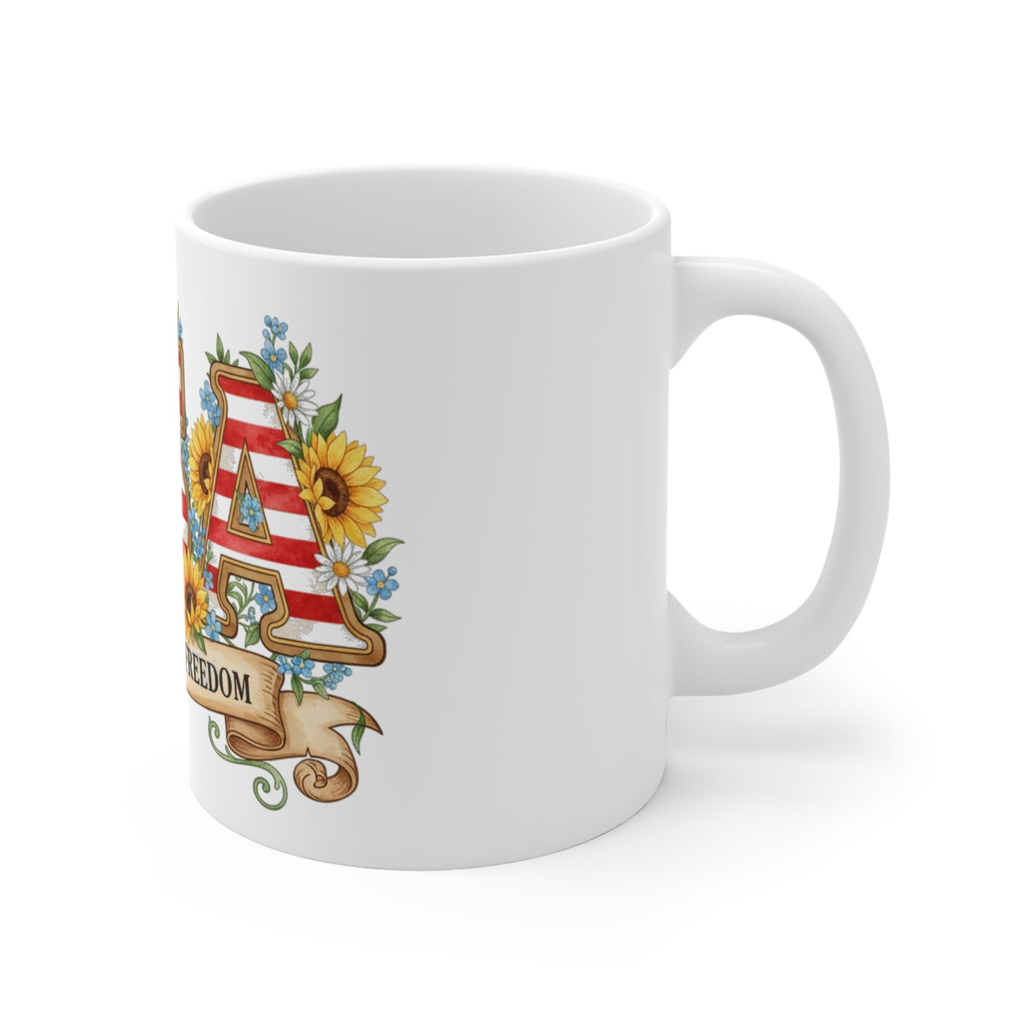 USA Sunflower Patriotic Coffee Mug – 250 Years of Freedom Mug – Vintage Americana Floral Flag Mug 11oz