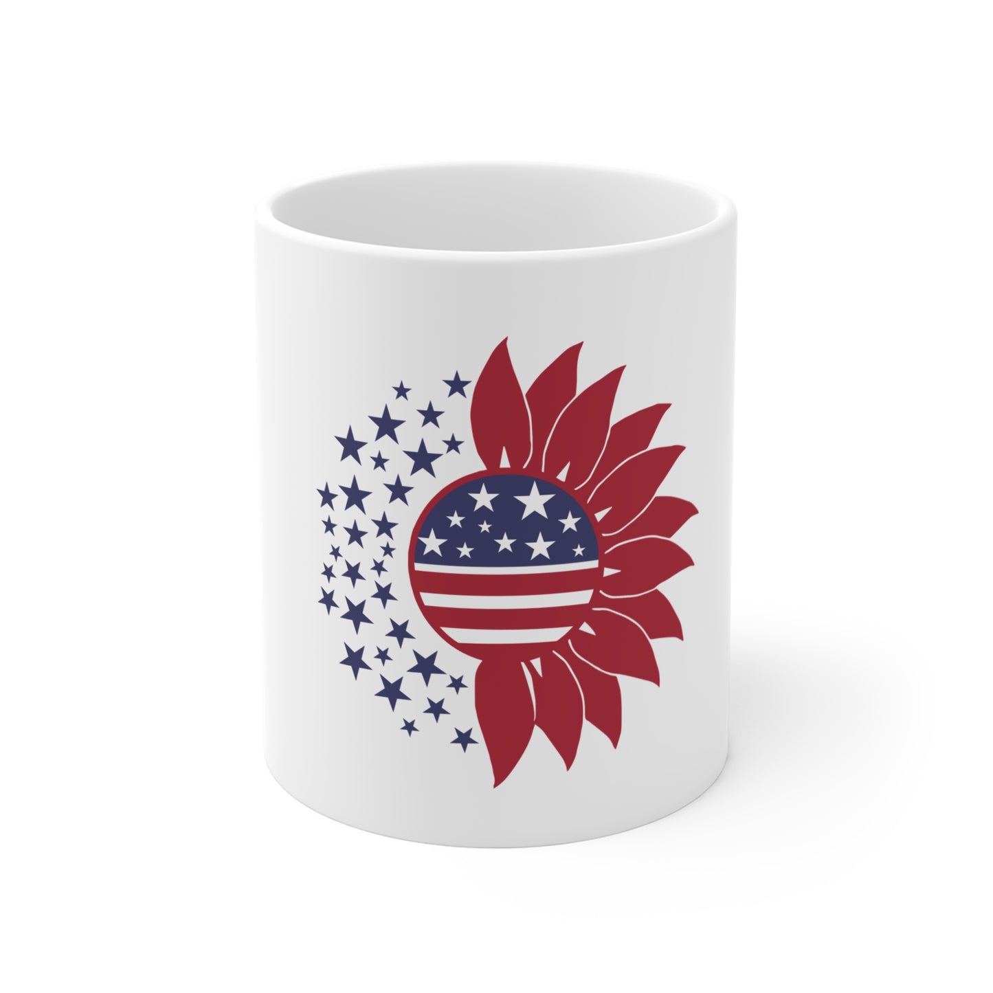 Patriotic Sunflower Coffee Mug – American Flag Floral Mug – Minimal USA Flower Design – Red White Blue Mug 11oz