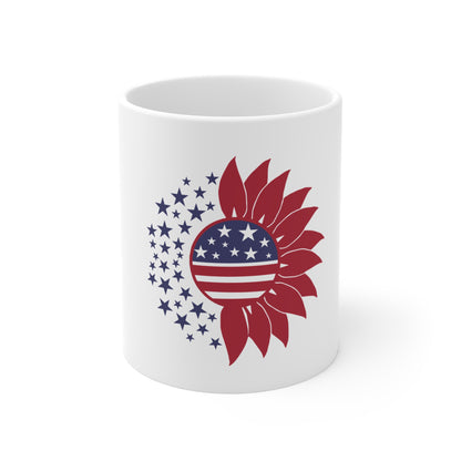 Patriotic Sunflower Coffee Mug – American Flag Floral Mug – Minimal USA Flower Design – Red White Blue Mug 11oz