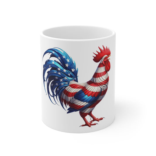 Patriotic Rooster Coffee Mug – Bold American Flag Chicken Design – Red White Blue Farmhouse Mug – USA Pride Gift American Flag Rooster Mug — Patriotic 11oz Coffee Cup