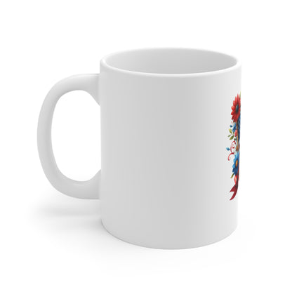 Patriotic Floral Flag Mug — American Flag Coffee Mug with Red, White & Blue Flowers (11 oz)