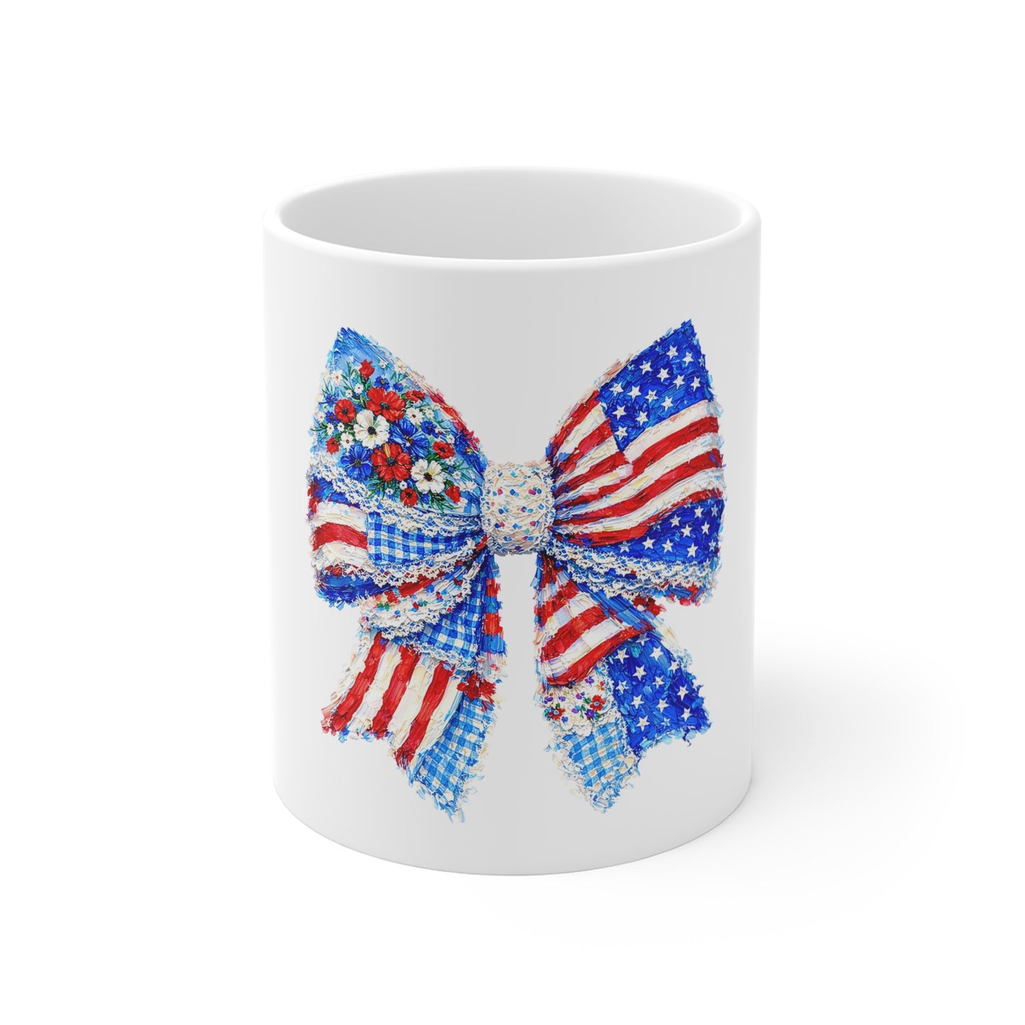 Patriotic Bow Coffee Mug – 11oz American Flag Ribbon Design