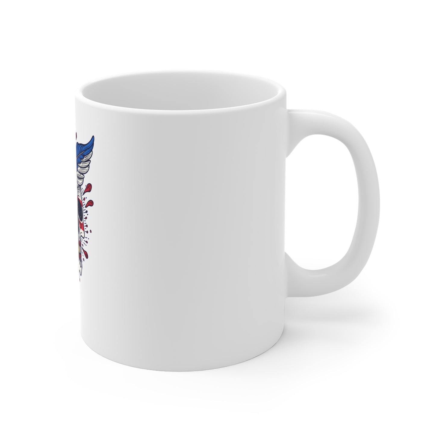 Skull & Feather 11oz Coffee Mug — Red, White & Blue Tattoo Skull Design