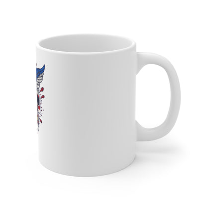 Skull & Feather 11oz Coffee Mug — Red, White & Blue Tattoo Skull Design